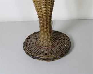 Wicker Lamp, original decoration, relined shade, probably original fringe.  28" to top of finial