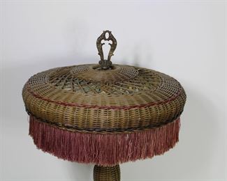 Wicker Lamp, original decoration, relined shade, probably original fringe.  28" to top of finial