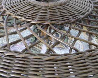 Wicker Lamp, original decoration, relined shade, probably original fringe.  28" to top of finial