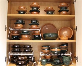 Russel Wright Casual China by Iroquois in the colors Ripe Apricot and Parsley Green and Russel Wright American Modern by Steubenville in the desirable Black Chutney