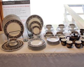 Wedgwood Florentine Dark Blue Fine Bone China Dinner, Salad, Bread and Butter plates and the Peony shaped cups and saucers