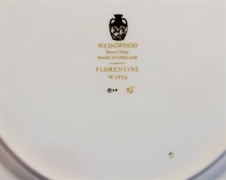 Wedgwood Florentine Dark Blue Fine Bone China Dinner, Salad, Bread and Butter plates and the Peony shaped cups and saucers