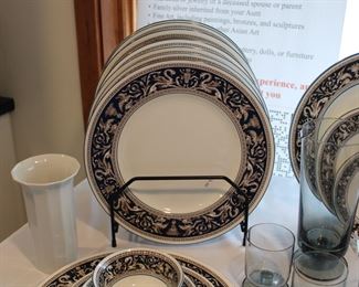 Wedgwood Florentine Dark Blue Fine Bone China Dinner, Salad, Bread and Butter plates and the Peony shaped cups and saucers