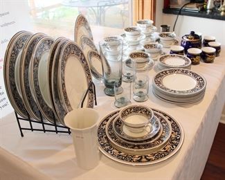 Wedgwood Florentine Dark Blue Fine Bone China Dinner, Salad, Bread and Butter plates and the Peony shaped cups and saucers