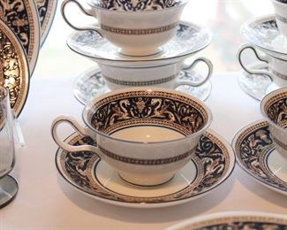Wedgwood Florentine Dark Blue Fine Bone China Dinner, Salad, Bread and Butter plates and the Peony shaped cups and saucers