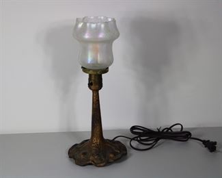 Small antique table lamp with antique glass shade