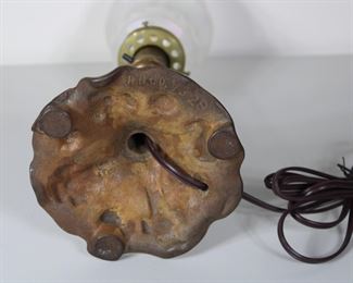 Small antique table lamp with antique glass shade