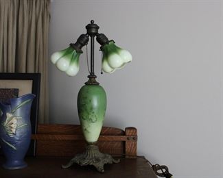 Antique glass lamp with uranium glass shades