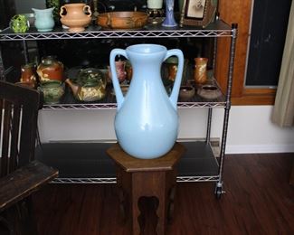 Massive RRP Co. floor vase with a soft blue glaze, 19 1/2" tall, signed on bottom