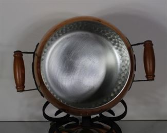 Hammered copper and wrought iron fondue pot, super clean inside and out, complete with tray, probably mid-century