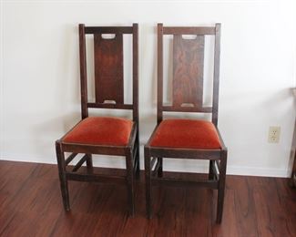 First Pair of Gustav Stickley H back chairs, 39 1/4" and 39 1/2" tall.  Slightly loose, can be used as they are but should be reglued if they will be used regularly.