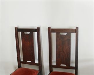 First Pair of Gustav Stickley H back chairs, 39 1/4" and 39 1/2" tall.  Slightly loose, can be used as they are but should be reglued if they will be used regularly.