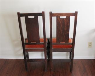 First Pair of Gustav Stickley H back chairs, 39 1/4" and 39 1/2" tall.  Slightly loose, can be used as they are but should be reglued if they will be used regularly.