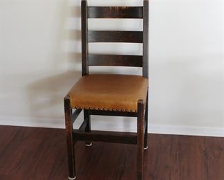 Arts and Crafts oak ladderback chair with leather seat, nice and tight, 34 1/2" tall