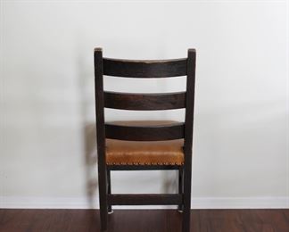 Arts and Crafts oak ladderback chair with leather seat, nice and tight, 34 1/2" tall