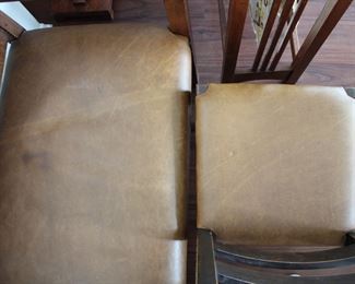 Same leather as the Stickley settle bench. 
Arts and Crafts oak ladderback chair with leather seat, nice and tight, 34 1/2" tall