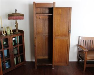 Mission Oak diminutive wardrobe, 75" tall, 22" across, 18" deep, back is fully finished, can be used free standing or as a room divider