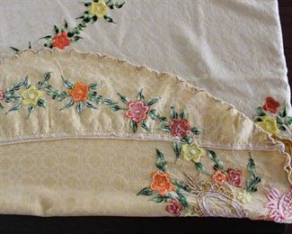 Detail on vintage machine embroidered tablecloth