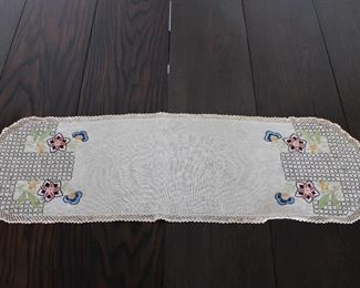 Arts and Crafts style hand embroidered table runner with Morning Glory