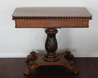 19th Century classical mahogany claw foot convertible console/wall to game table, with hidden storage area, 36" long, 18" deep when closed,  29" tall when open, 36" square when open