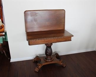19th Century classical mahogany claw foot convertible console/wall to game table, with hidden storage area, 36" long, 18" deep when closed,  29" tall when open, 36" square when open