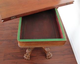 19th Century classical mahogany claw foot convertible console/wall to game table, with hidden storage area, 36" long, 18" deep when closed,  29" tall when open, 36" square when open