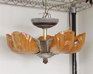 Another view of the Antique Art Deco 5 light ceiling fixture with original glass shades