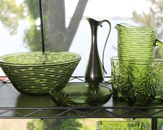 Vintage Anchor Hocking avocado green glass Soreno pitcher and serving bowl and Milano crinkle textured glass tumblers