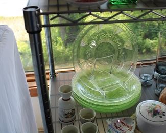 Set of six green glass dinner plates