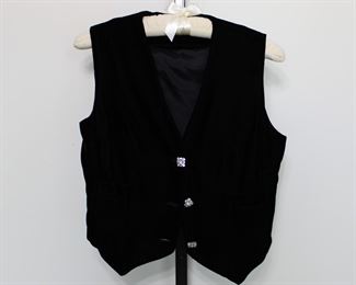 Vintage black velvet vest with rhinestone buttons, size small.  We have racks of great, like new women's clothes size small to medium, vintage to current trend!