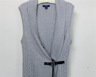100% cotton sweater vest, Chaps, size Large.  We have racks of great, like new women's clothes size small to medium, vintage to current trend!