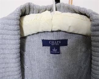 Label on 100% cotton sweater vest, Chaps, size Large.  We have racks of great, like new women's clothes size small to medium, vintage to current trend!