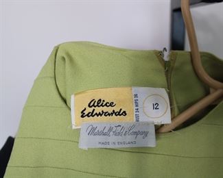 Label on the super vintage 1960's Alice Edwards, Made in England dress, size 12.  We have racks of great, like new women's clothes size small to medium, vintage to current trend!