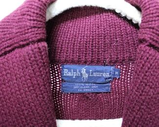 Label on Ralph Lauren wool cardigan sweater, size medium. We have racks of great, like new women's clothes size small to medium, vintage to current trend!