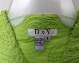 Label on D & Y ribbon jacket, size small.  We have racks of great, like new women's clothes size small to medium, vintage to current trend!