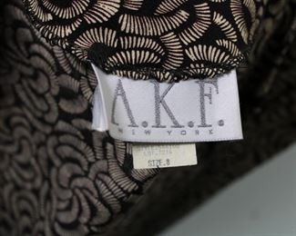 Label on A.K.F. New York jacket/blazer, size 8.  We have racks of great, like new women's clothes size small to medium, vintage to current trend!