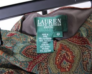 Label on vintage Ralph Lauren silk maxi skirt, size 4 petite.  We have racks of great, like new women's clothes size small to medium, vintage to current trend!