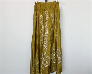 Fantabulous 1960's/1970's silk maxi skirt with gold metallic thread embroidery.  Custom made, no label, size medium?  Vintage Ralph Lauren silk maxi skirt, size 4 petite.  We have racks of great, like new women's clothes size small to medium, vintage to current trend!