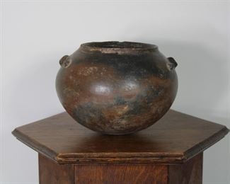 Early pottery pot, possibly Mississippian Culture, approximately 8" across and 6" tall