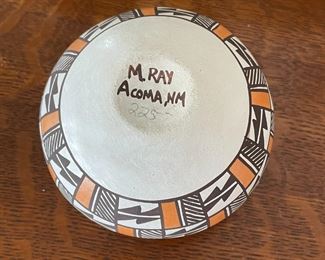 Native American Acoma Pottery including a vase by Sandra Victorino, a seed pot by Marilyn Ray, and a carved vase by an unidentified potter