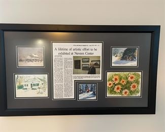 Local White Lake Area Artist Miriam Gibbs framed newspaper article and five watercolors