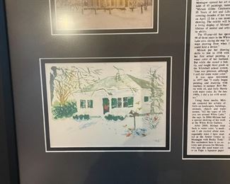 Detail of Local White Lake Area Artist Miriam Gibbs framed newspaper article and five watercolors