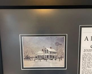 Detail of Local White Lake Area Artist Miriam Gibbs framed newspaper article and five watercolors