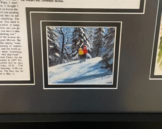 Detail of Local White Lake Area Artist Miriam Gibbs framed newspaper article and five watercolors