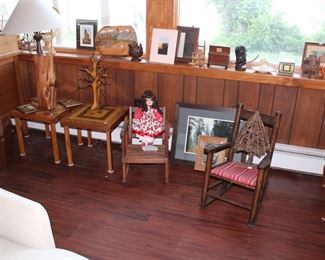Small wood inlay chairs, dolls, mission oak child's chair and child's rocking chair