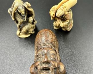 3 Hand Carved Signed Japanese Figures