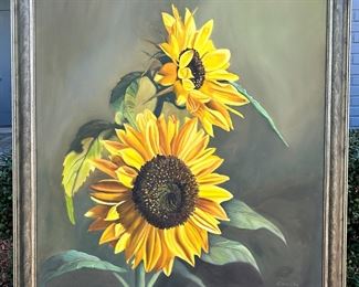 Editha von Clee Large Sunflower Oil Painting with Stand and COA