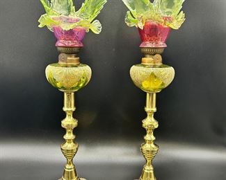 Pair of Early 20th Century Vaseline and Cranberry Glass Oil Lamps