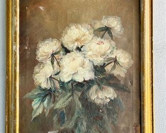 Oil on Canvas Still Life Peony Flowers J. Ireland