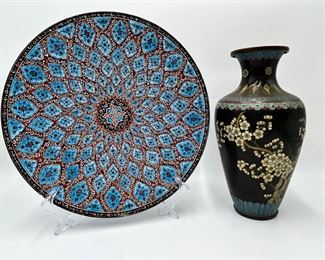 Japanese Cloisonné Enamel on Bronze Vase & Wall Plate